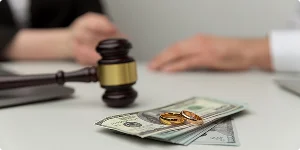 Wedding rings and cash on a desk, alongside a court gavel, suggesting a family law context.