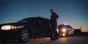 A police officer speaks to a driver in a pulled-over car at dusk, with a police car's lights flashing nearby.