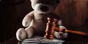 A wooden judge's gavel rests on a table with teddy bear plans and $100 bills in the foreground, symbolizing parenting modifications.