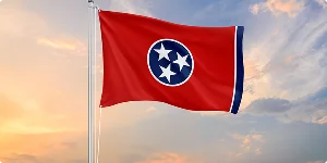 Tennessee state flag featuring a blue circle with three stars on a red background, bordered by white stripes.
