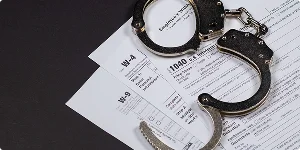 Handcuffs placed on top of tax forms, symbolizing legal consequences related to tax issues or fraud.