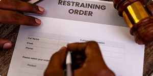 A judge's gavel rests on a court document labeled 'Restraining Order' on a wooden desk in a courtroom setting.