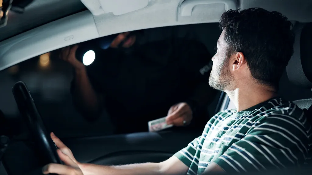 Guy in striped shirt talking to cop holding flashlight outside car window at night.