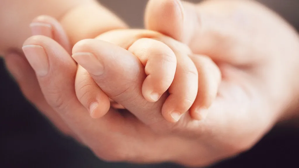 A tiny baby hand gently held in a larger adult hand, soft warm tones.