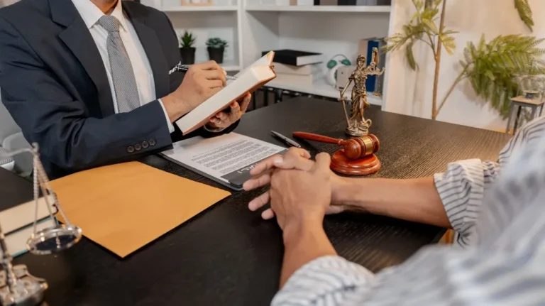 A person in a suit writing in a notebook while talking to someone across a desk.
