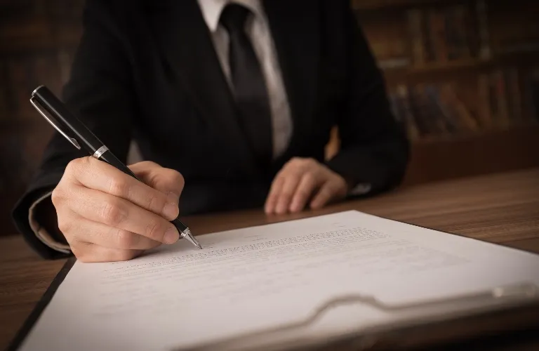 Person in black suit signing a document with a pen on a wooden desk.