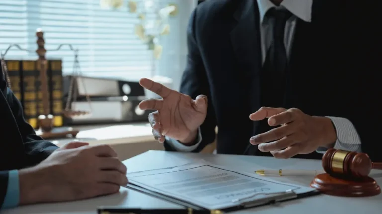 Two people in suits chatting over legal papers, gavel, and pen on desk.