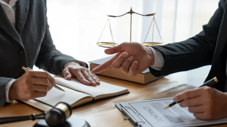 Two people in suits discussing a contract with legal scales and a gavel nearby.