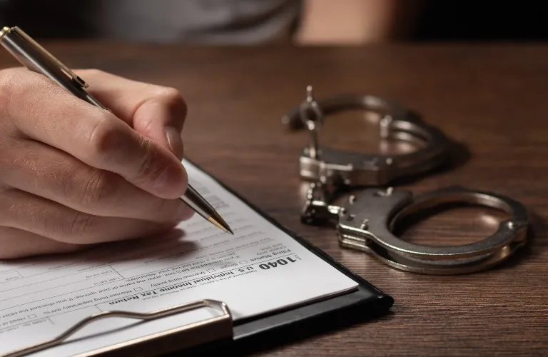 A hand filling out a form on a clipboard with silver handcuffs nearby on a wooden table.