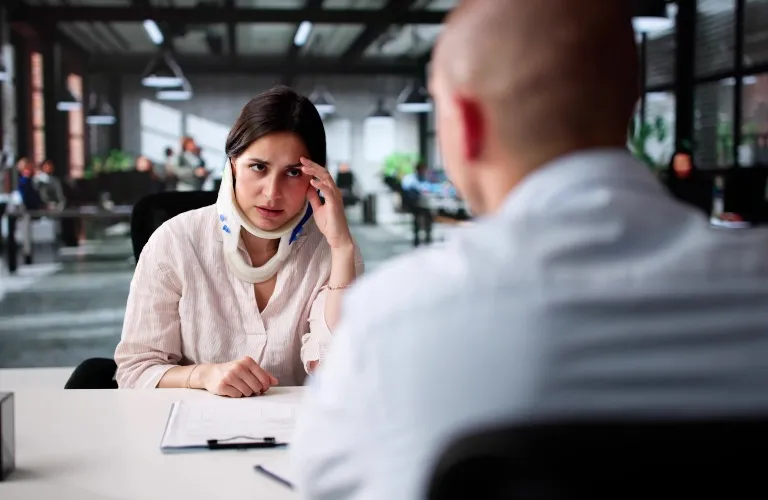 A tired woman with a neck brace talking to a man in a busy office.