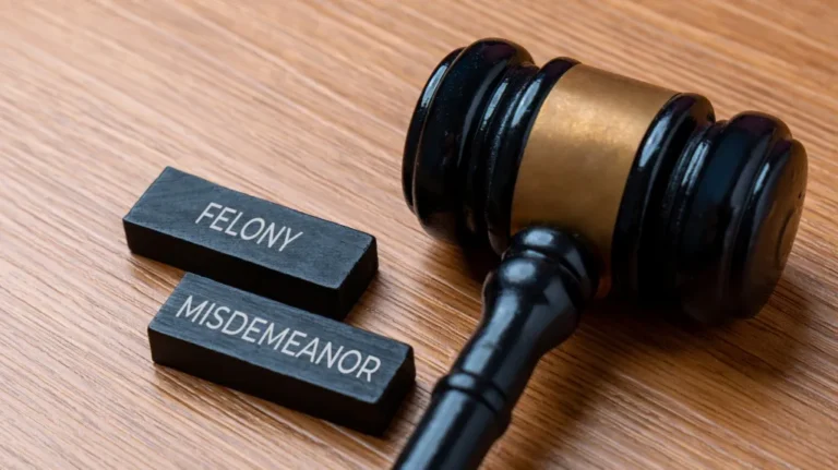 A black judge’s gavel next to wooden blocks labeled Felony and Misdemeanor on a table.