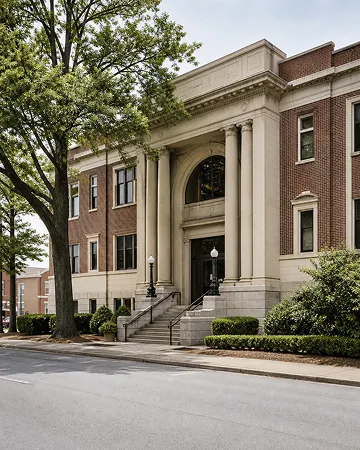 A classic brick building with tall white columns and a big tree nearby.