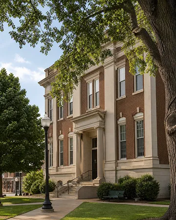 Friendly old brick building with big windows, green trees, and a sunny sidewalk.
