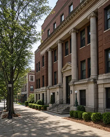 A sunny sidewalk with tall trees and a red brick building with big white columns.