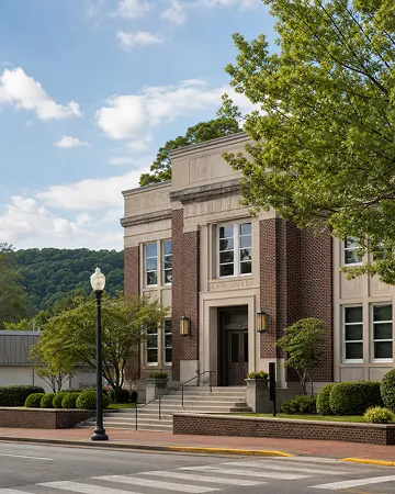 A sunny day with a brick and stone building surrounded by green trees and bushes.