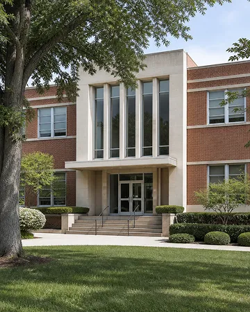 A sunny day outside a red brick school building with big windows and green trees.