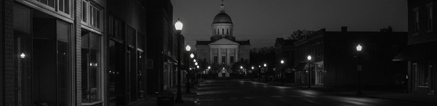 Quiet dark street with glowing street lamps leading to a big dome building.