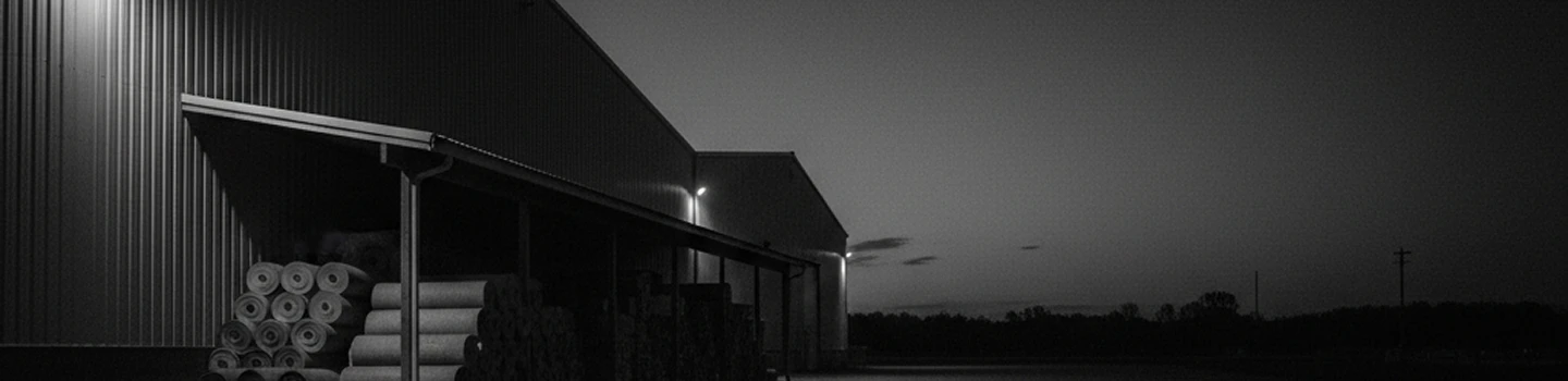 Black and white photo of a warehouse with stacked rolls outside at dusk.