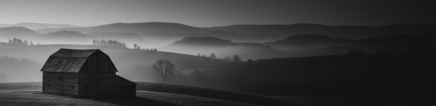 A cozy old barn on rolling hills with misty trees and layered mountains in the background.