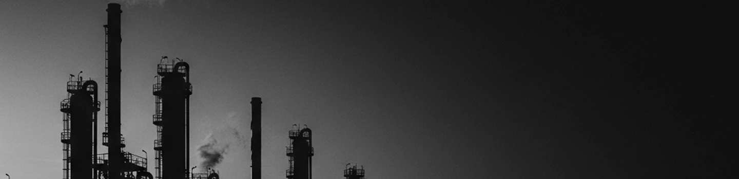 Silhouettes of industrial towers and smokestacks against a dark gray sky.