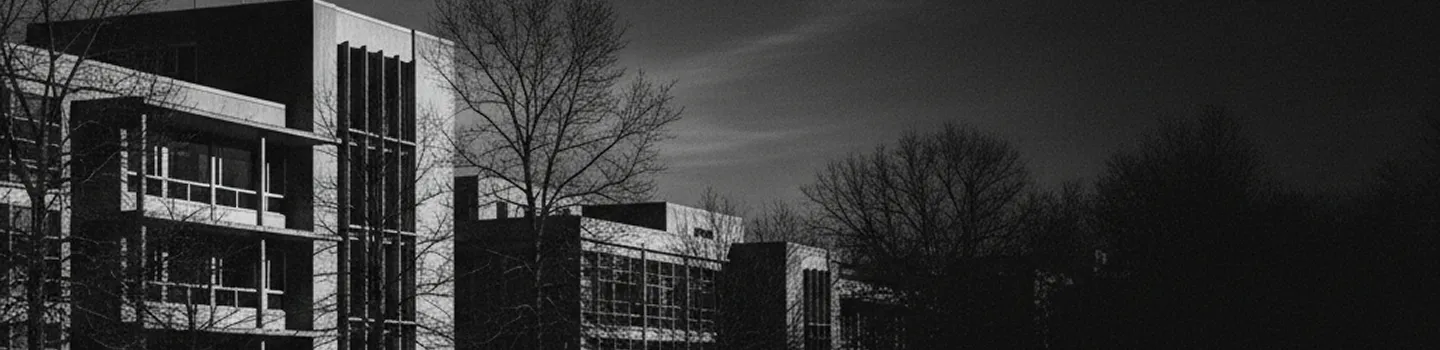 Black and white photo of a modern building with leafless trees around it at dusk.
