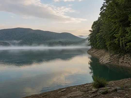 Calm lake with mist, green trees on rocky shore, and soft cloudy sky.
